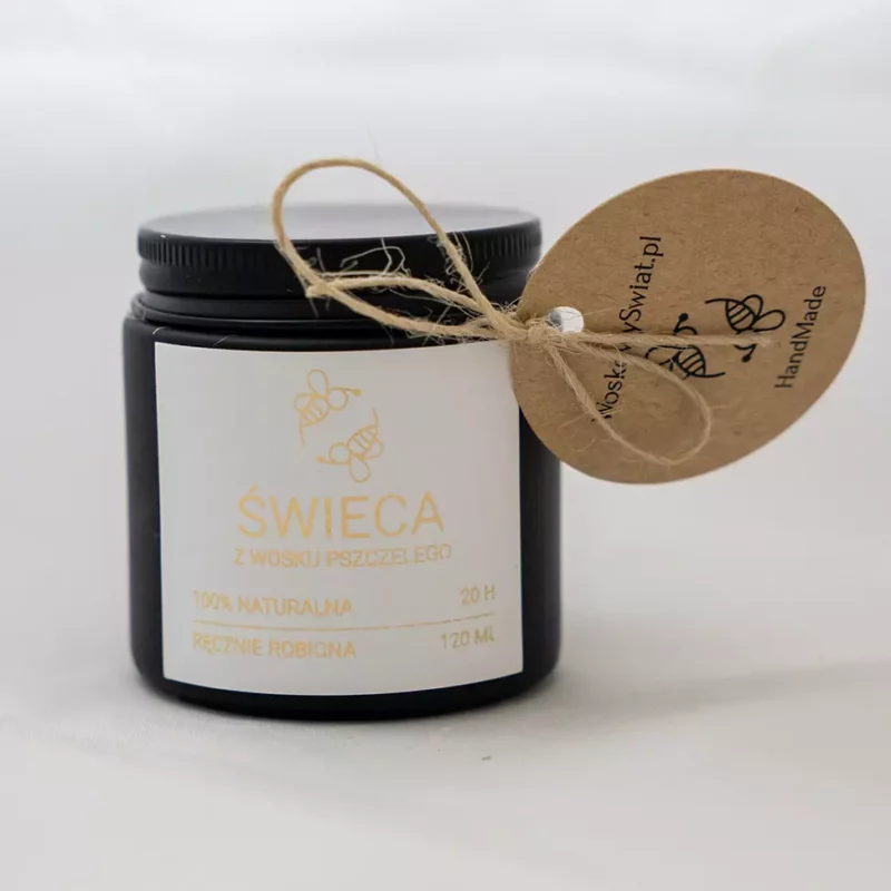 Świeca w czarnym matowym szkle z pozłacaną naklejką 120 ml Świeca z wosku pszczelego