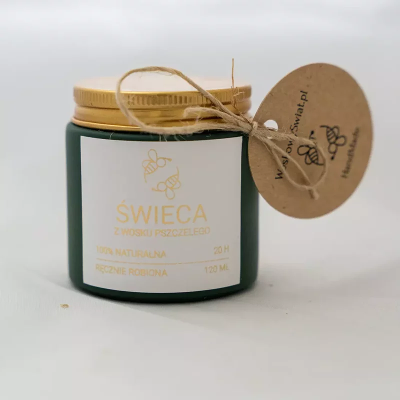 Świeca w zielonym matowym szkle z pozłacaną naklejką 120 ml Świeca z wosku pszczelego