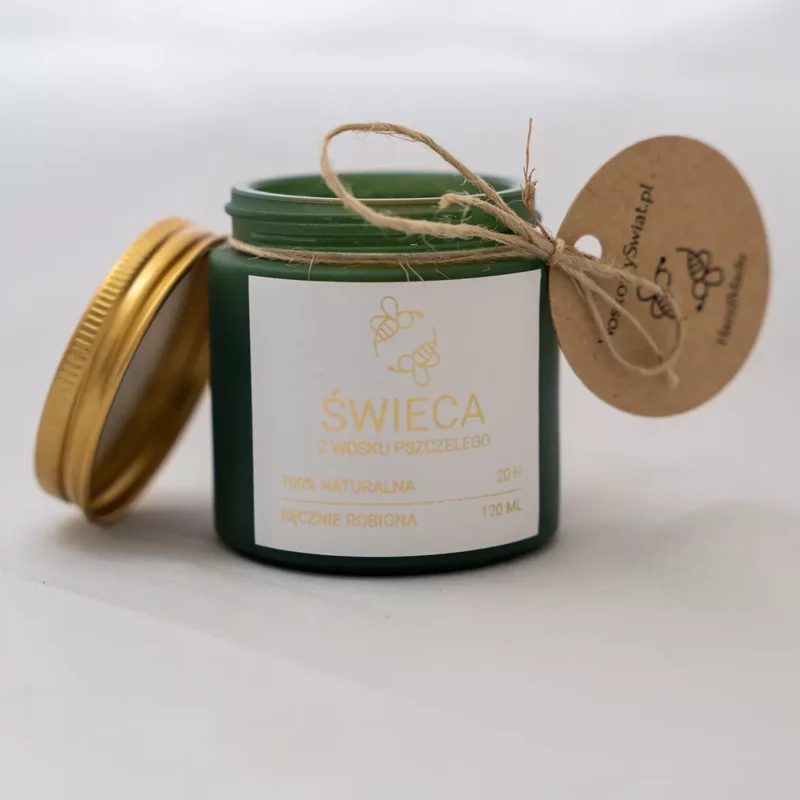 Świeca w zielonym matowym szkle z pozłacaną naklejką 120 ml Świeca z wosku pszczelego