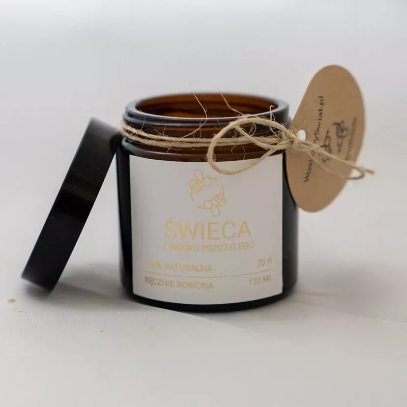 Świeca w brązowym szkle z pozłacaną naklejką 120ml Świeca z wosku pszczelego